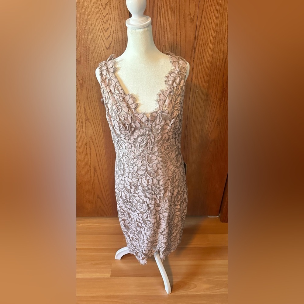 NWT Eliza J Womens Tulip Hem Dress Blush Pink Lace V Neck Lined Cocktail